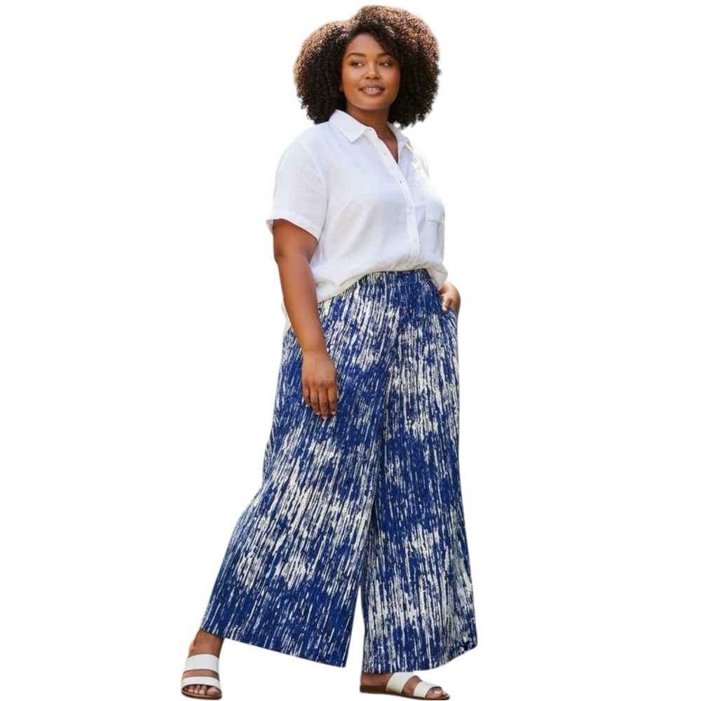 Zac & Rachel Navy White Abstract Print Palazzo Wide Leg Pull On Pants XL 🌊✨
